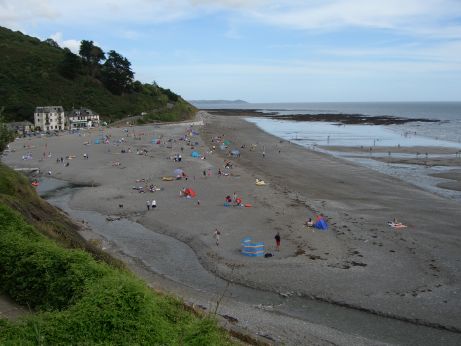 Distant view of a beach with tourists