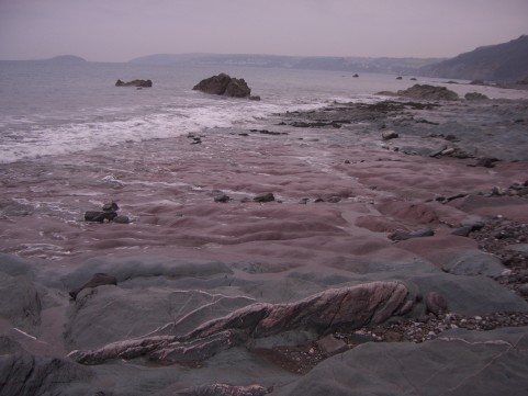 Close view of a wavecut platform, showing a smooth and rounded surface