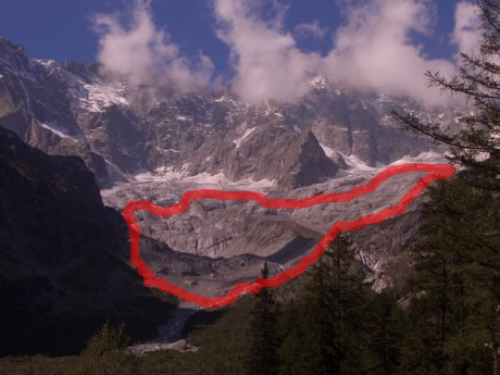 Photograph showing the barren zone at the snout of a glacier